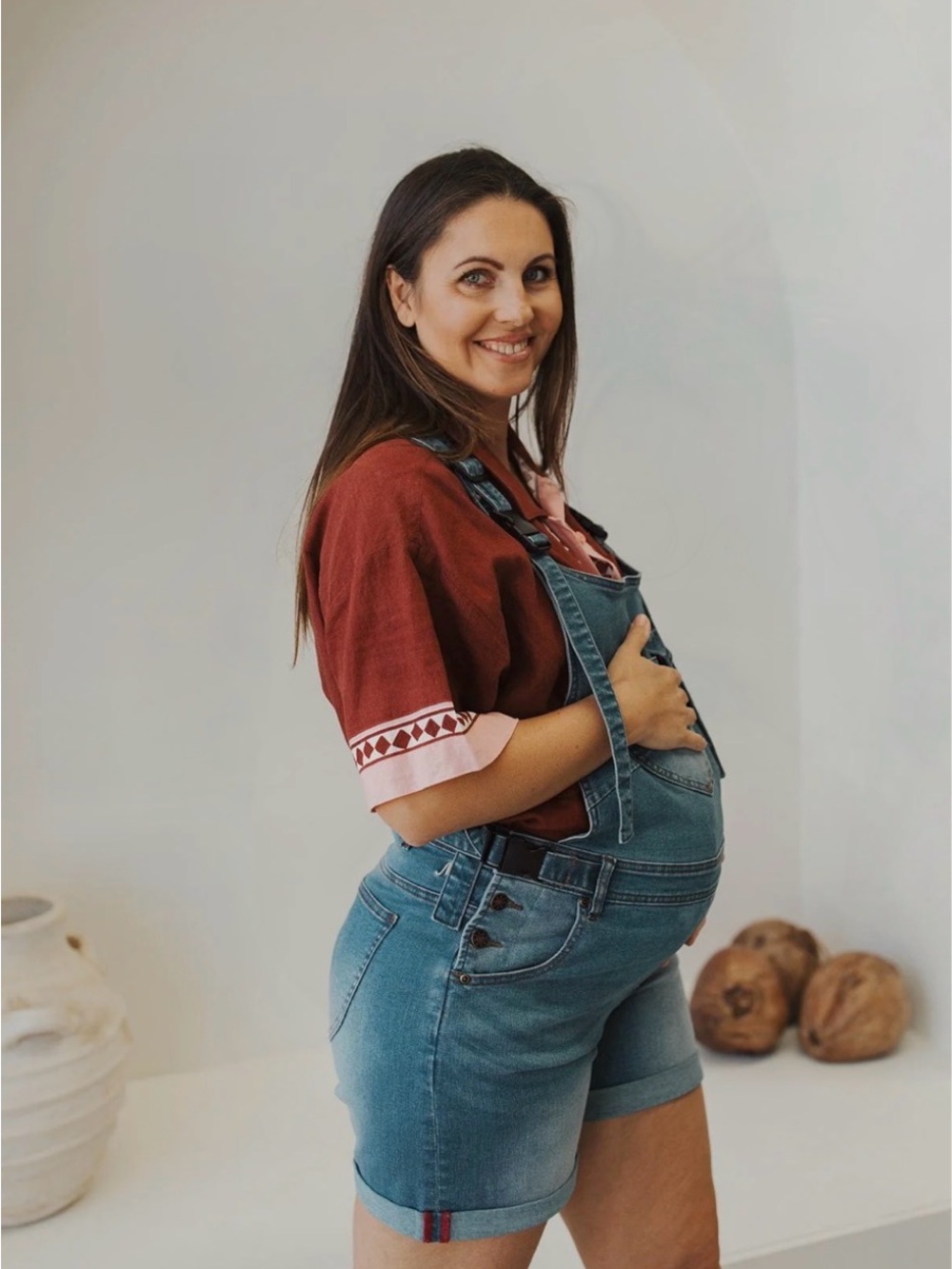 Maternity Denim Short Overalls in Light Blue